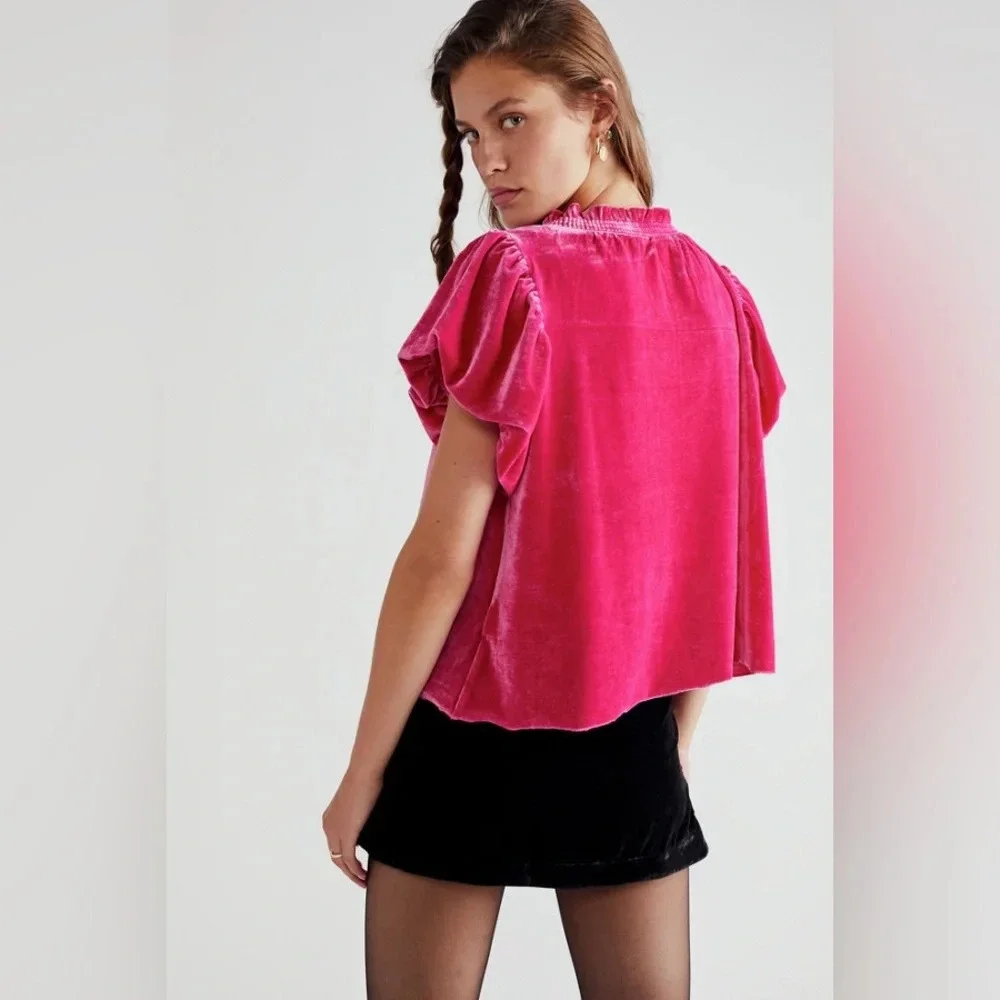 FREE PEOPLE Terese velvet puff sleeve top SMALL shirt sleeves bright pink blouse